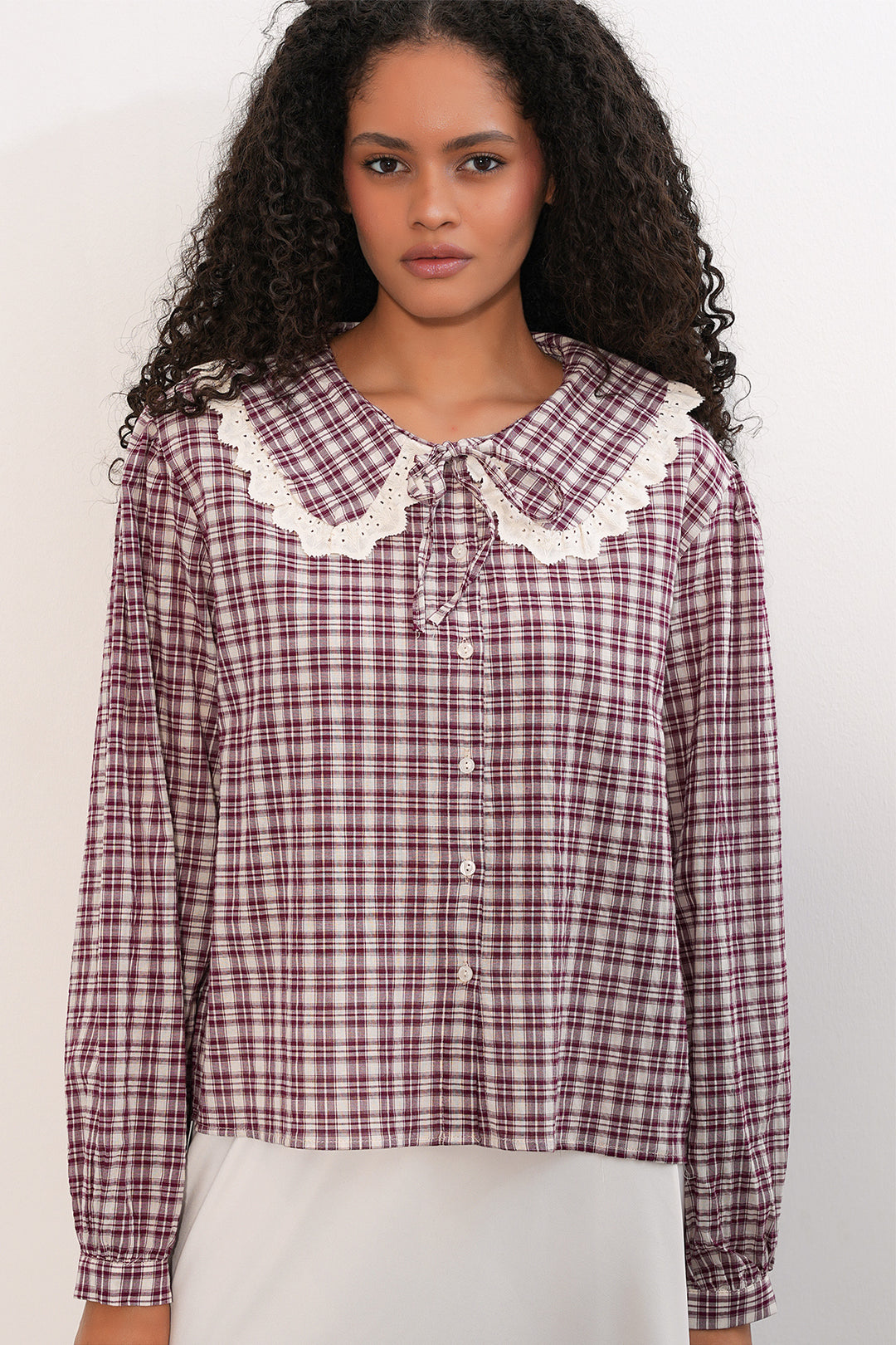Bigdart Chemise à col en dentelle à carreaux pour femme 20387 - Bordeaux