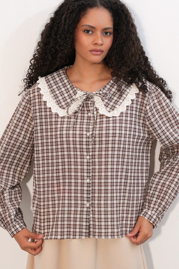 Bigdart Chemise à col en dentelle à carreaux pour femme 20387 - Marron