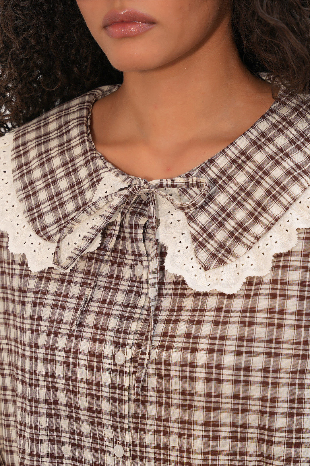Bigdart Chemise à col en dentelle à carreaux pour femme 20387 - Marron