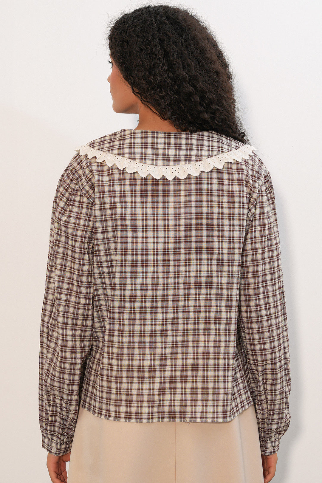 Bigdart Chemise à col en dentelle à carreaux pour femme 20387 - Marron
