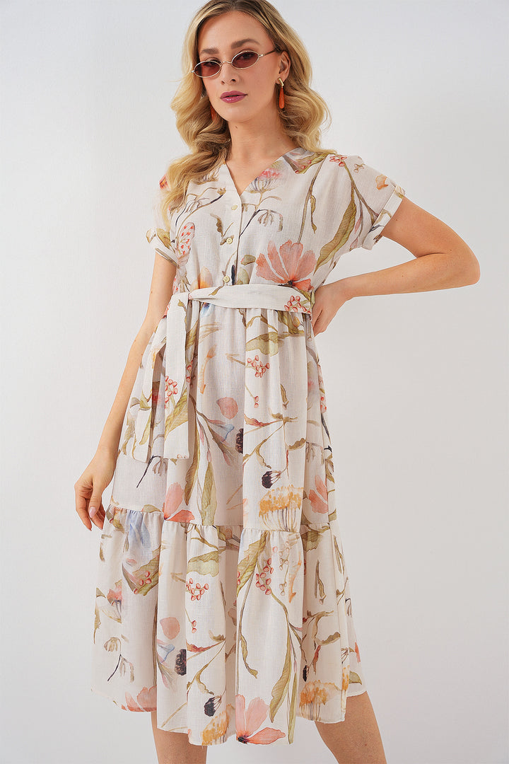 Bigdart Robe à manches courtes imprimée femme 2558 - Crème
