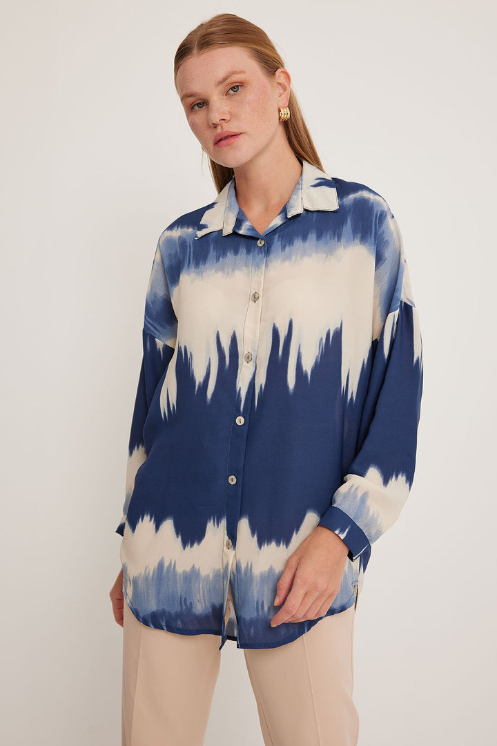 Bigdart Chemise oversize à motifs bleu marine et crème pour femme 5923