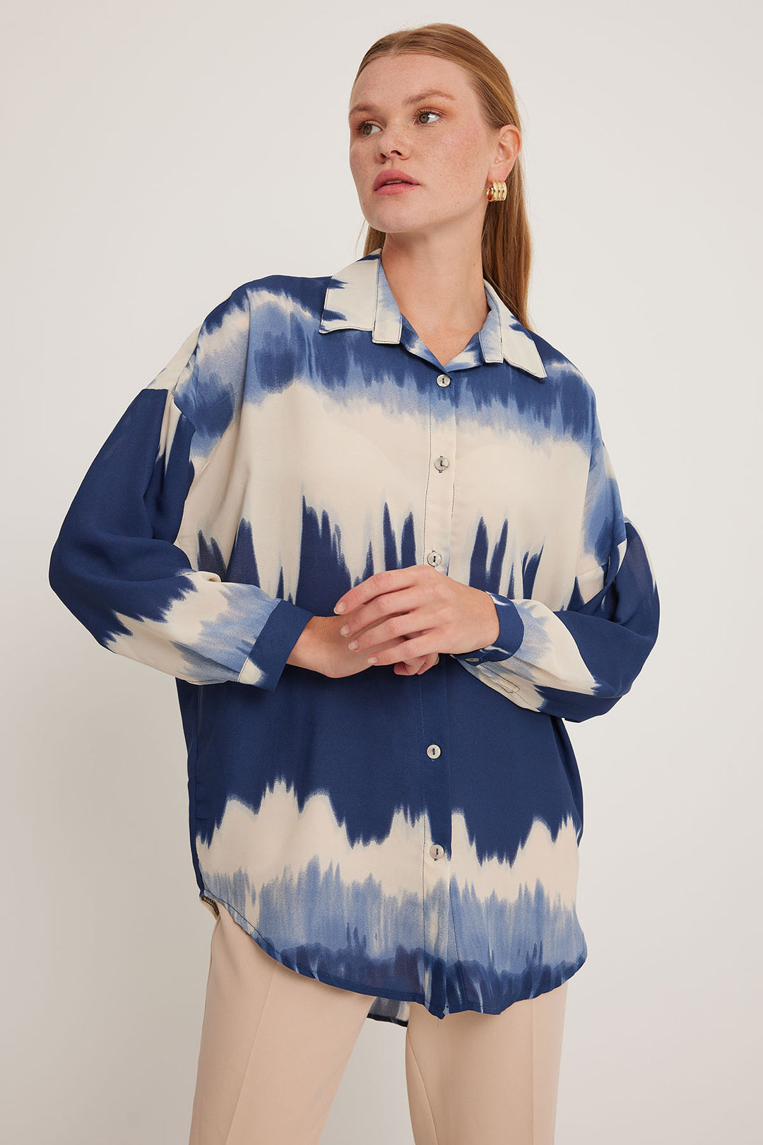 Bigdart Chemise oversize à motifs bleu marine et crème pour femme 5923