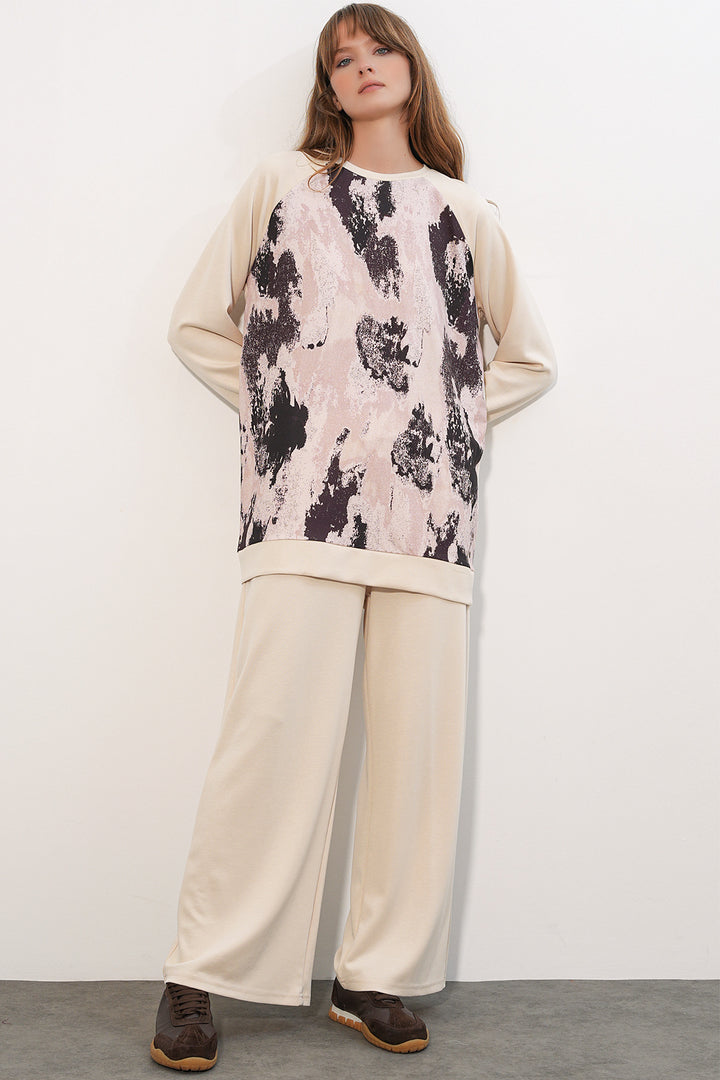 Bigdart Ensemble de 2 pièces de pantalon tunique oversize à motifs pour femmes 55462-Cream