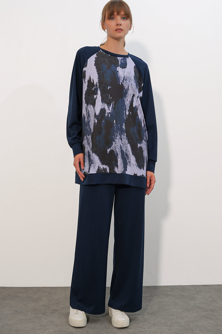 Bigdart Ensemble de tunique oversize à motifs et pantalon pour femme 55462 - Bleu marine
