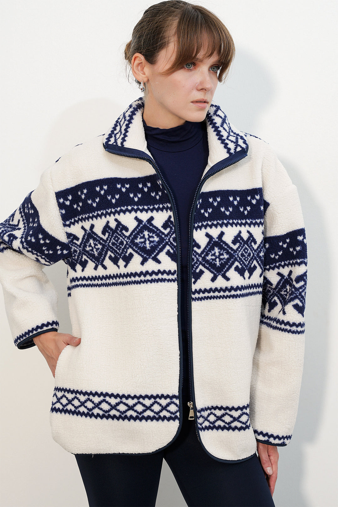 Bigdart Veste en peluche à motifs pour femme 55463 - Bleu marine