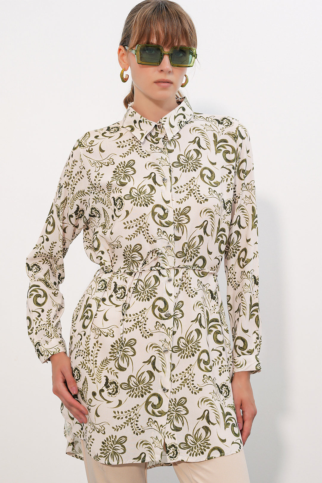 Bigdart Tunique chemise longue à motifs pour femme 5997 - Kaki