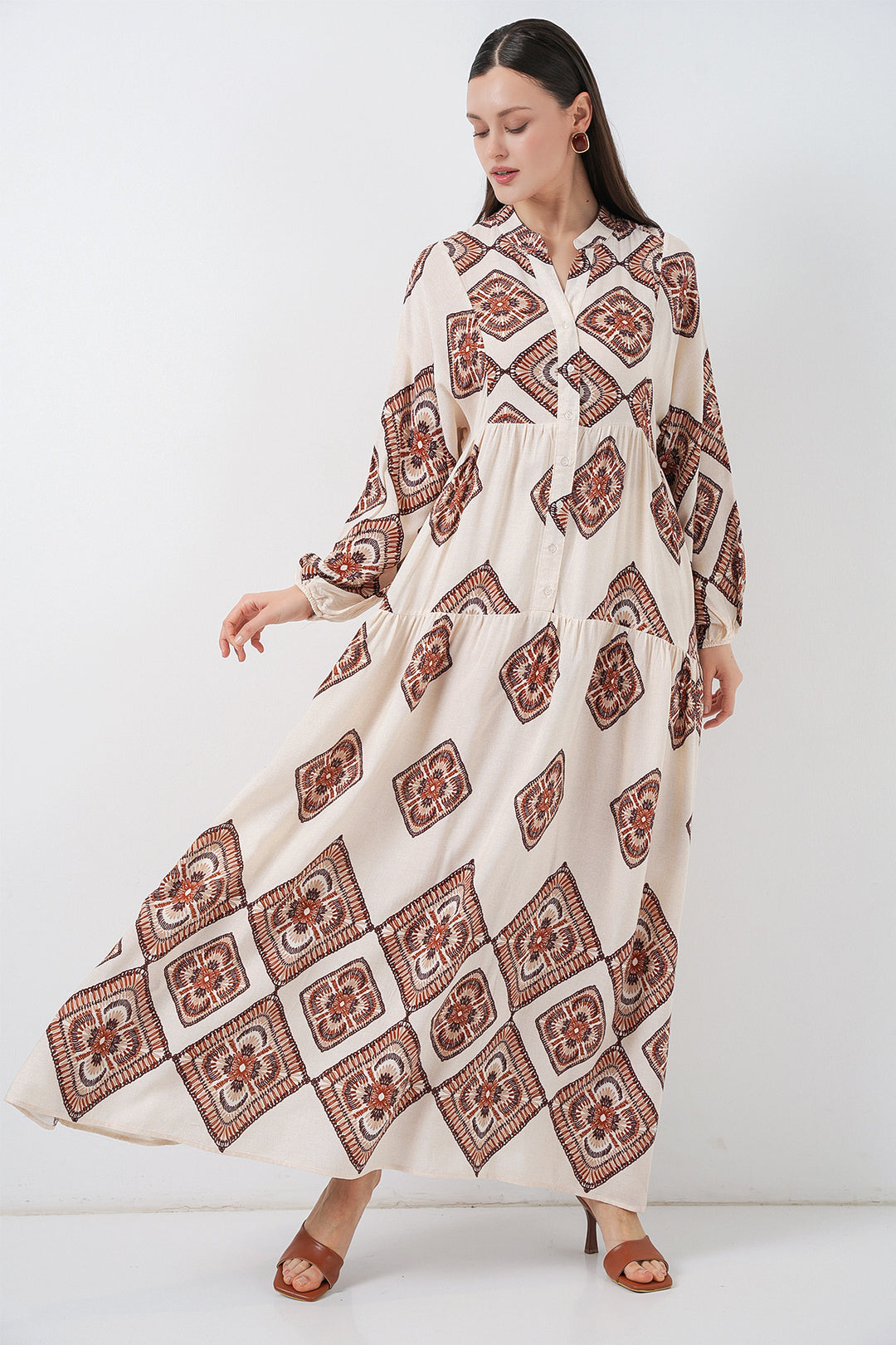 Bigdart Robe Longue Modeste à Motifs Femme 2585 - Écru Marron