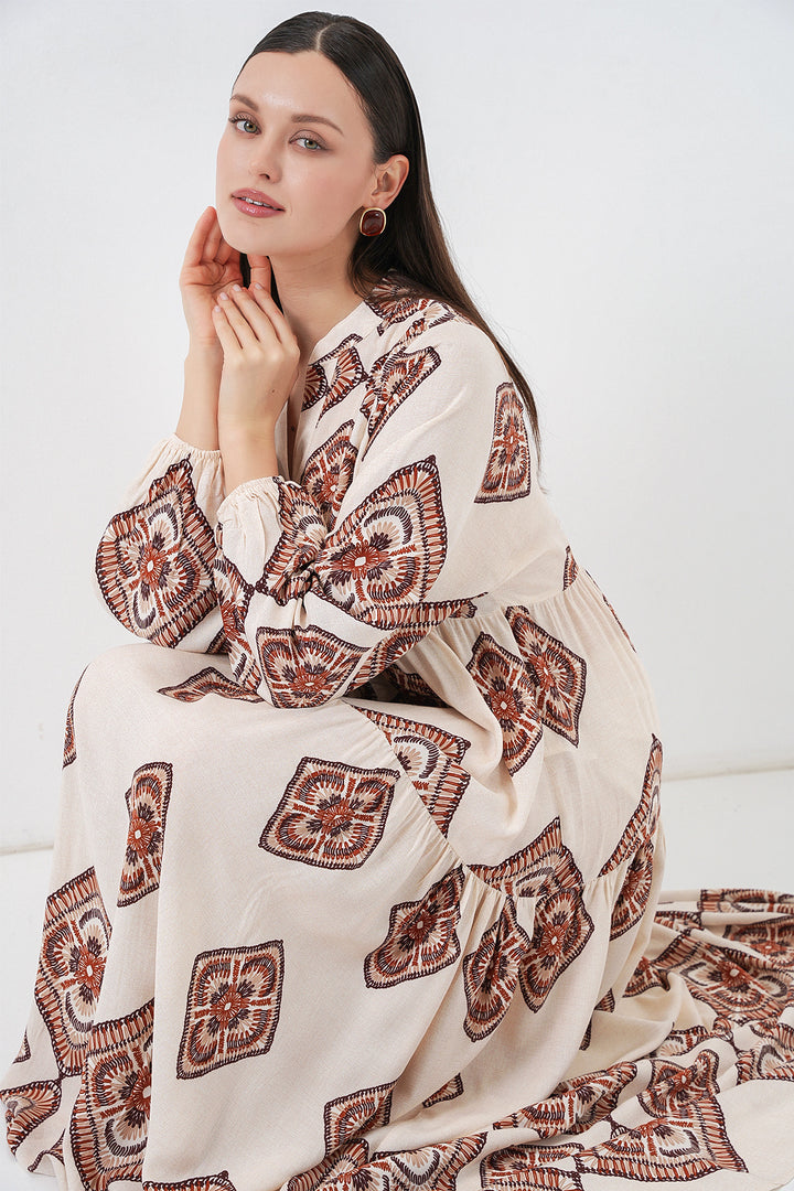 Bigdart Robe Longue Modeste à Motifs Femme 2585 - Écru Marron