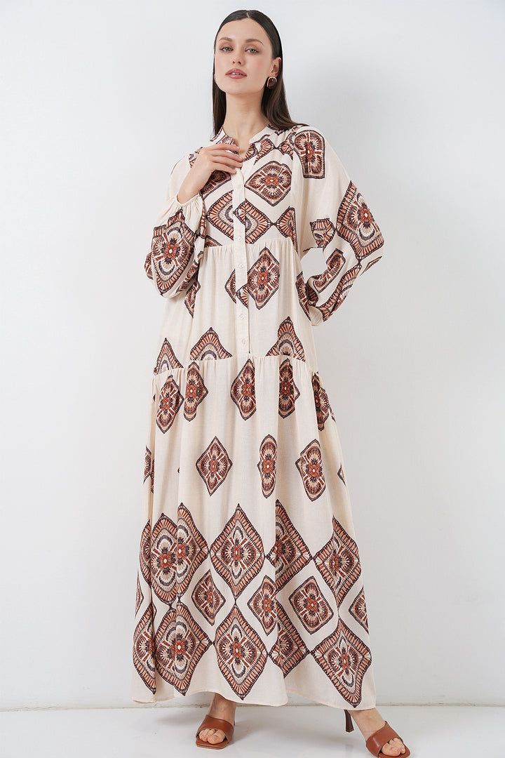 Bigdart Robe Longue Modeste à Motifs Femme 2585 - Écru Marron