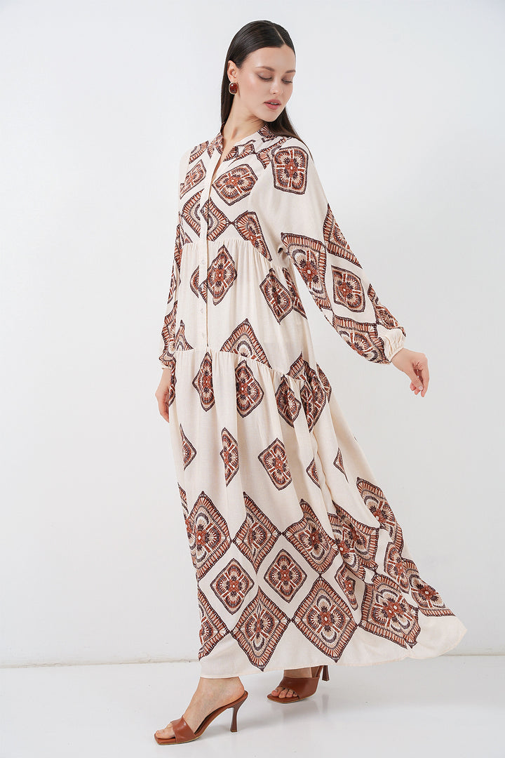 Bigdart Robe Longue Modeste à Motifs Femme 2585 - Écru Marron