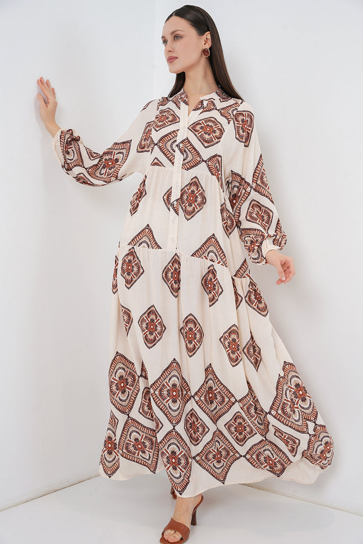 Bigdart Robe Longue Modeste à Motifs Femme 2585 - Écru Marron