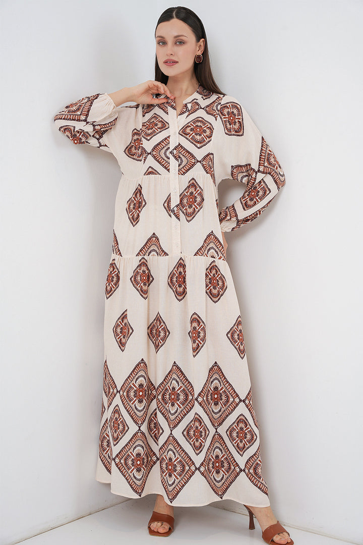 Bigdart Robe Longue Modeste à Motifs Femme 2585 - Écru Marron