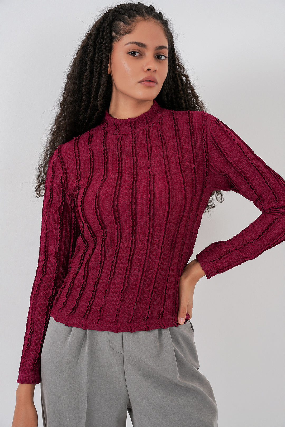 Bigdart Blouse tricotée extensible texturée pour femme 975 - Bordeaux