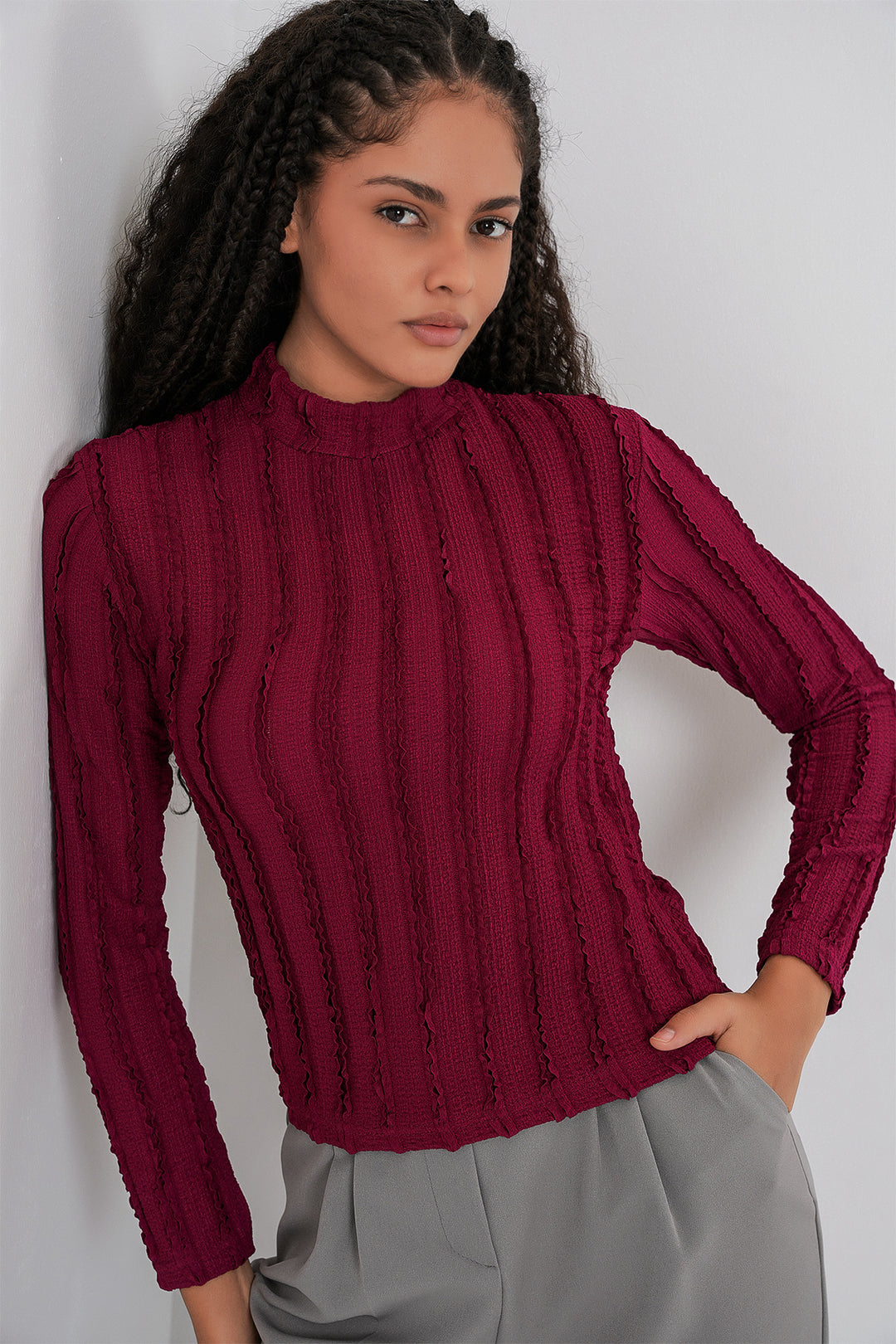 Bigdart Blouse tricotée extensible texturée pour femme 975 - Bordeaux