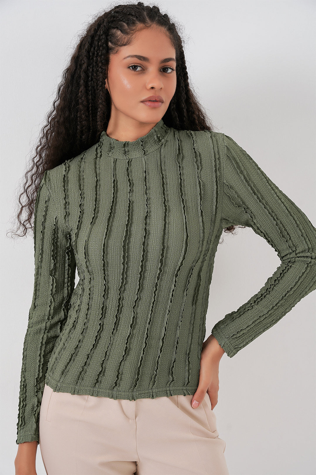 Bigdart Blouse tricotée extensible texturée pour femme 975 - Kaki