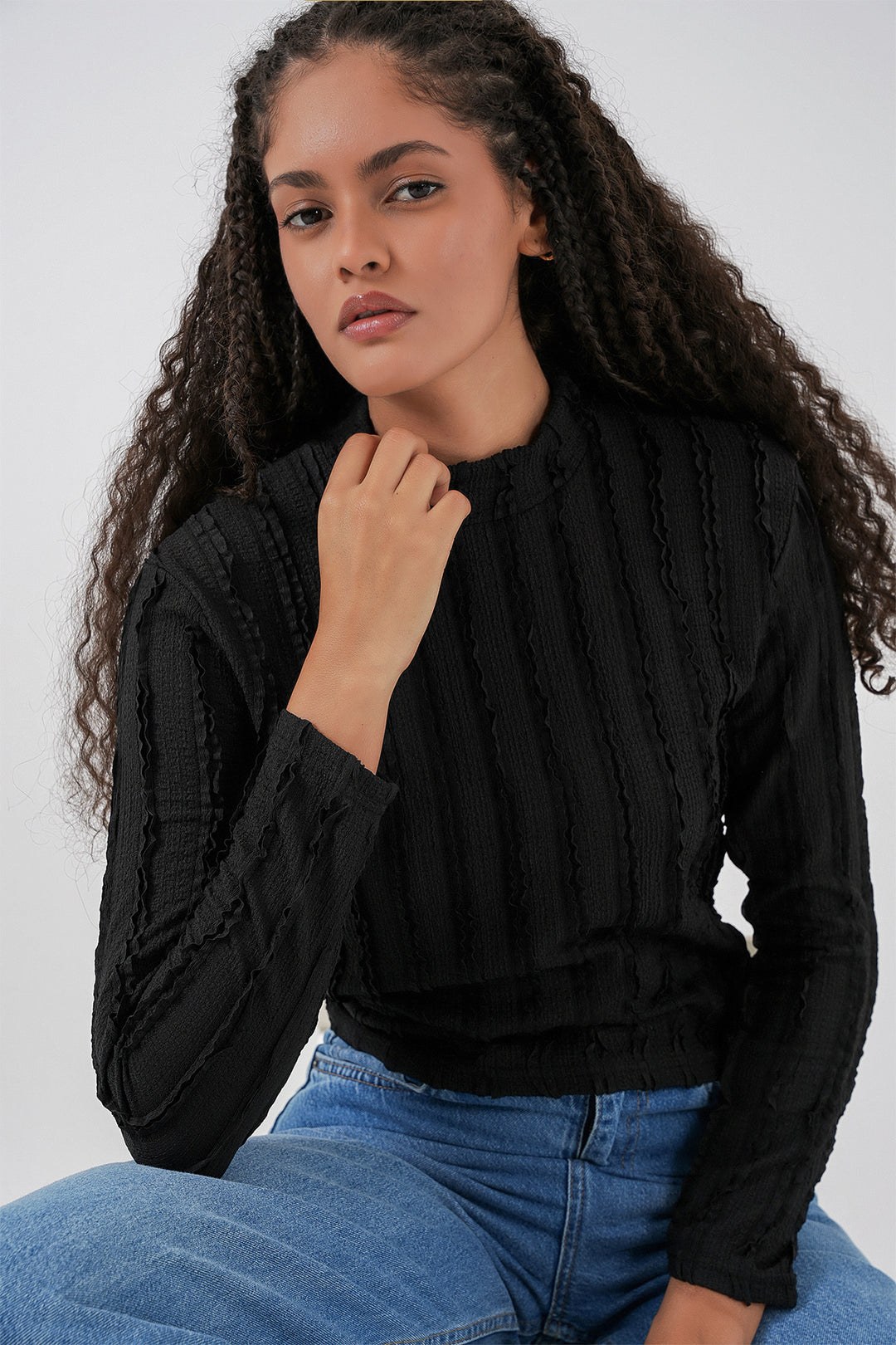 Bigdart Blouse tricotée extensible texturée pour femme 975 - Noir
