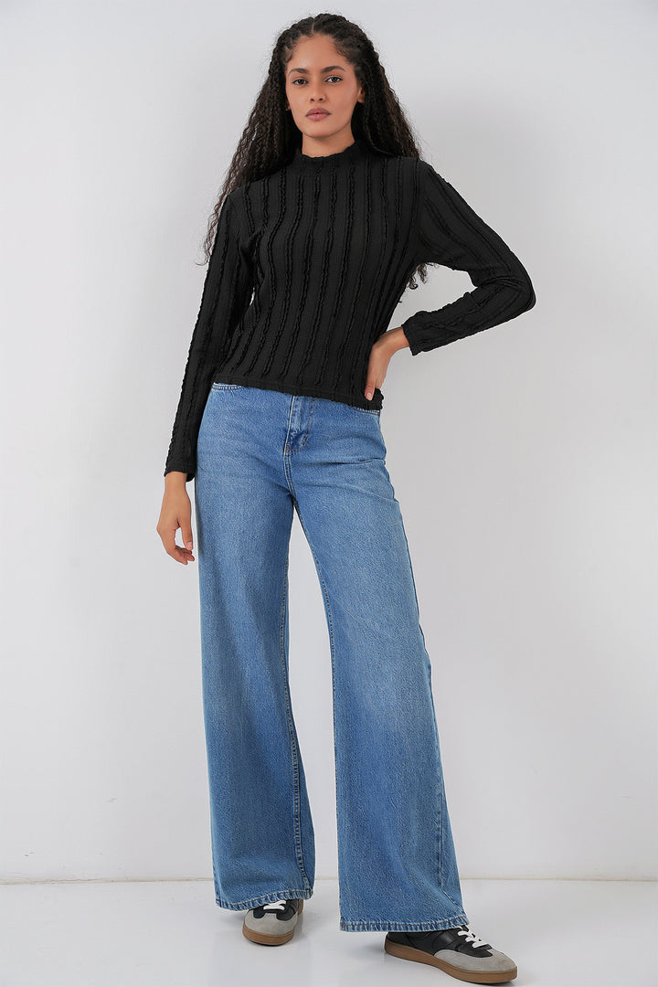 Bigdart Blouse tricotée extensible texturée pour femme 975 - Noir