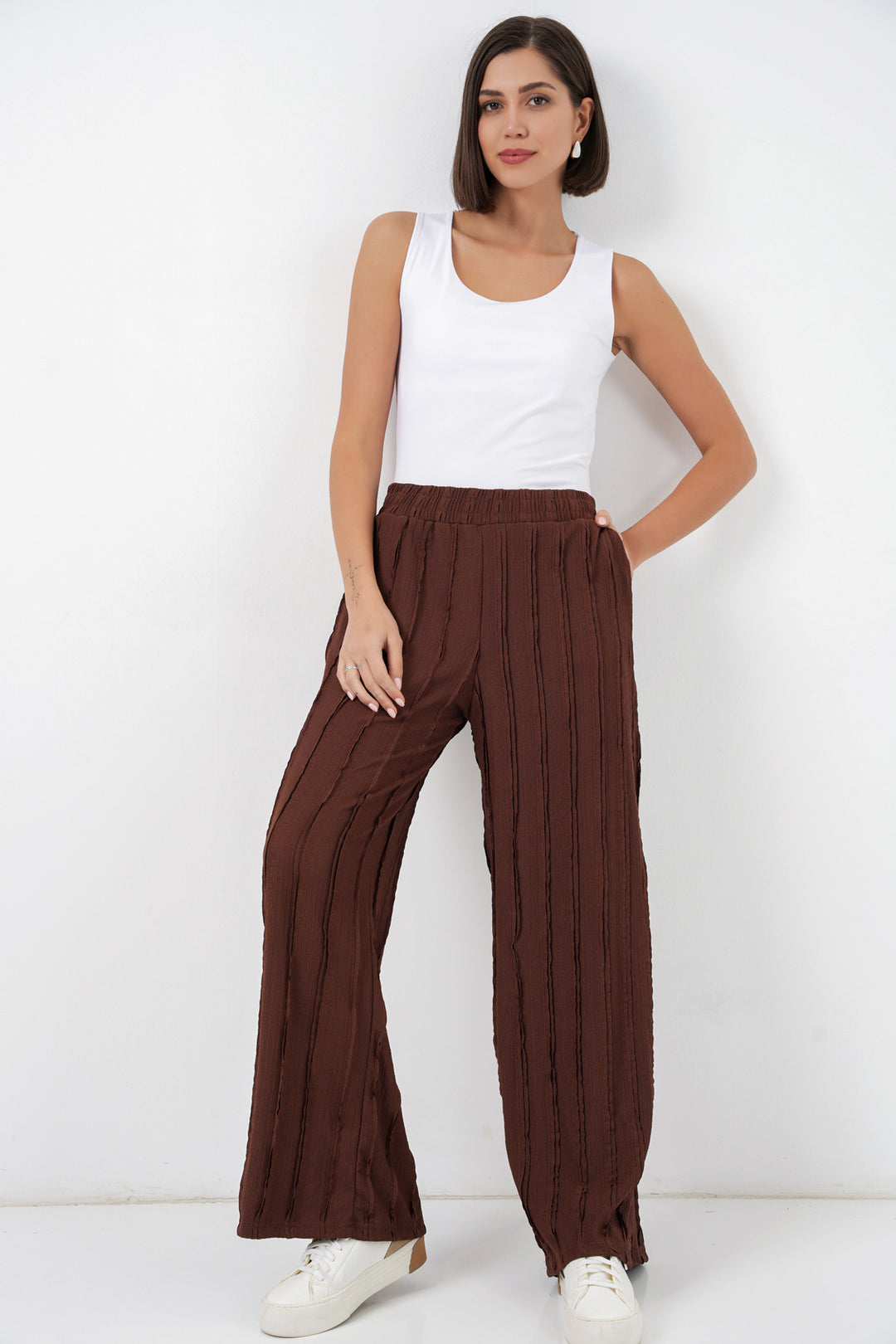 Bigdart Pantalon en tricot extensible texturé pour femme 30077 - Marron