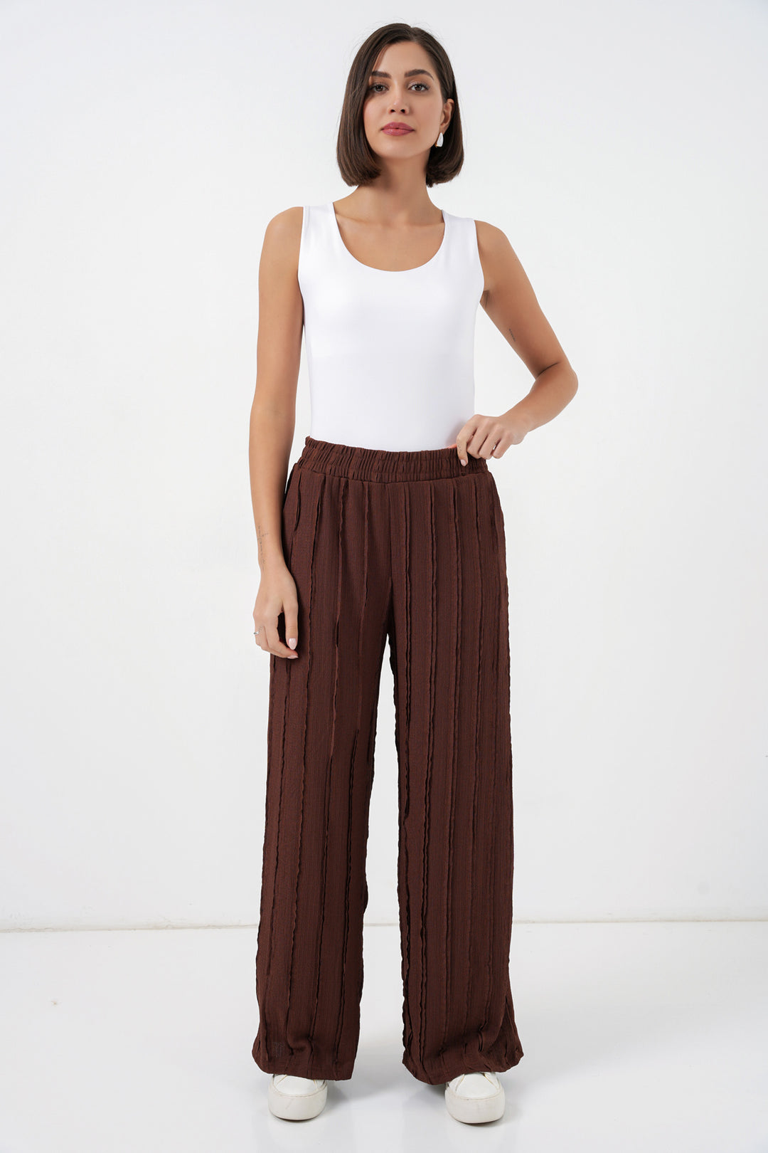 Bigdart Pantalon en tricot extensible texturé pour femme 30077 - Marron