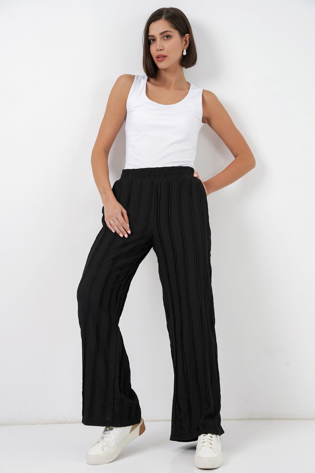 Bigdart Pantalon en tricot extensible texturé pour femme 30077 - Noir