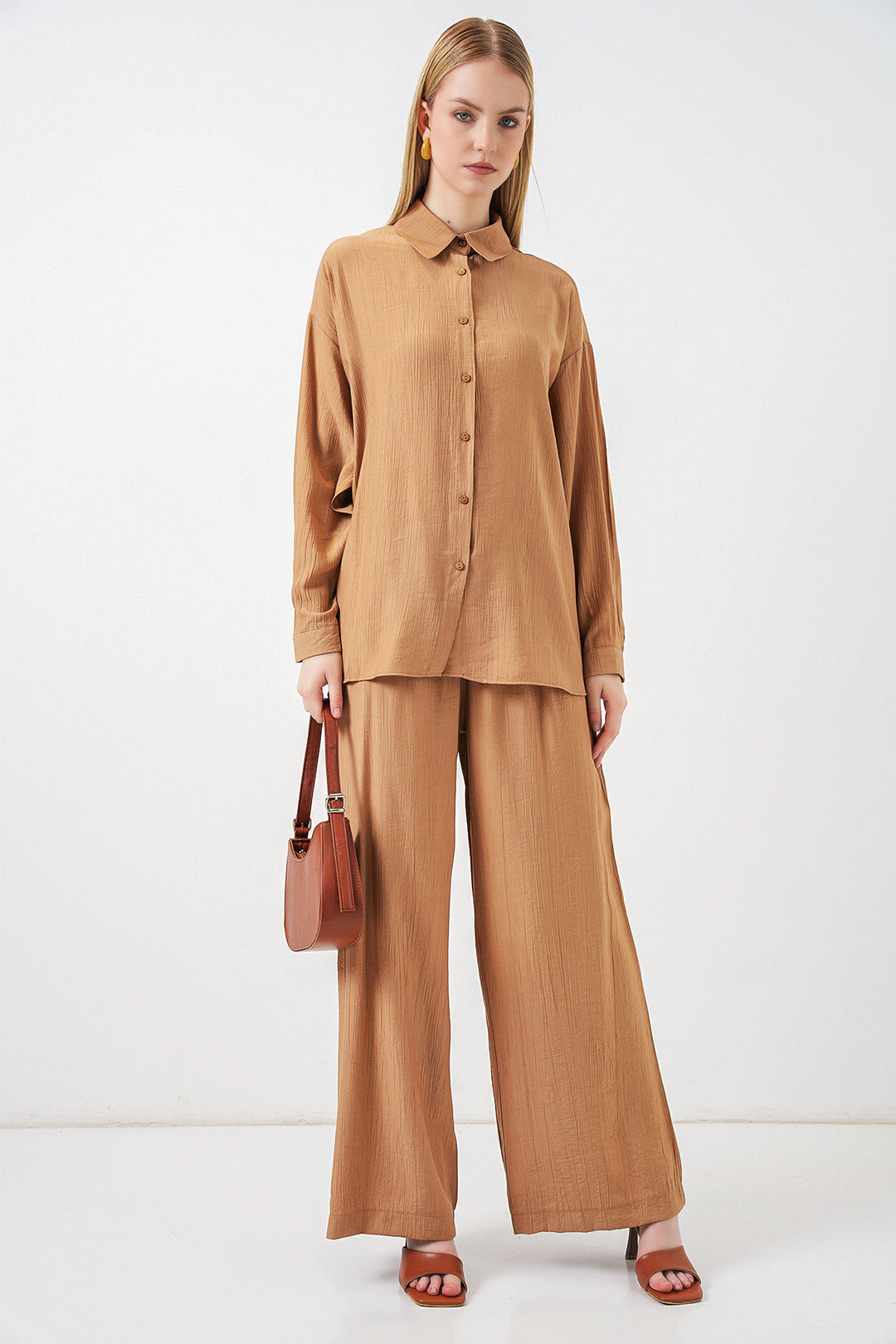 Bigdart Ensemble Chemisier Pantalon Femme Texturé 6710 - Camel