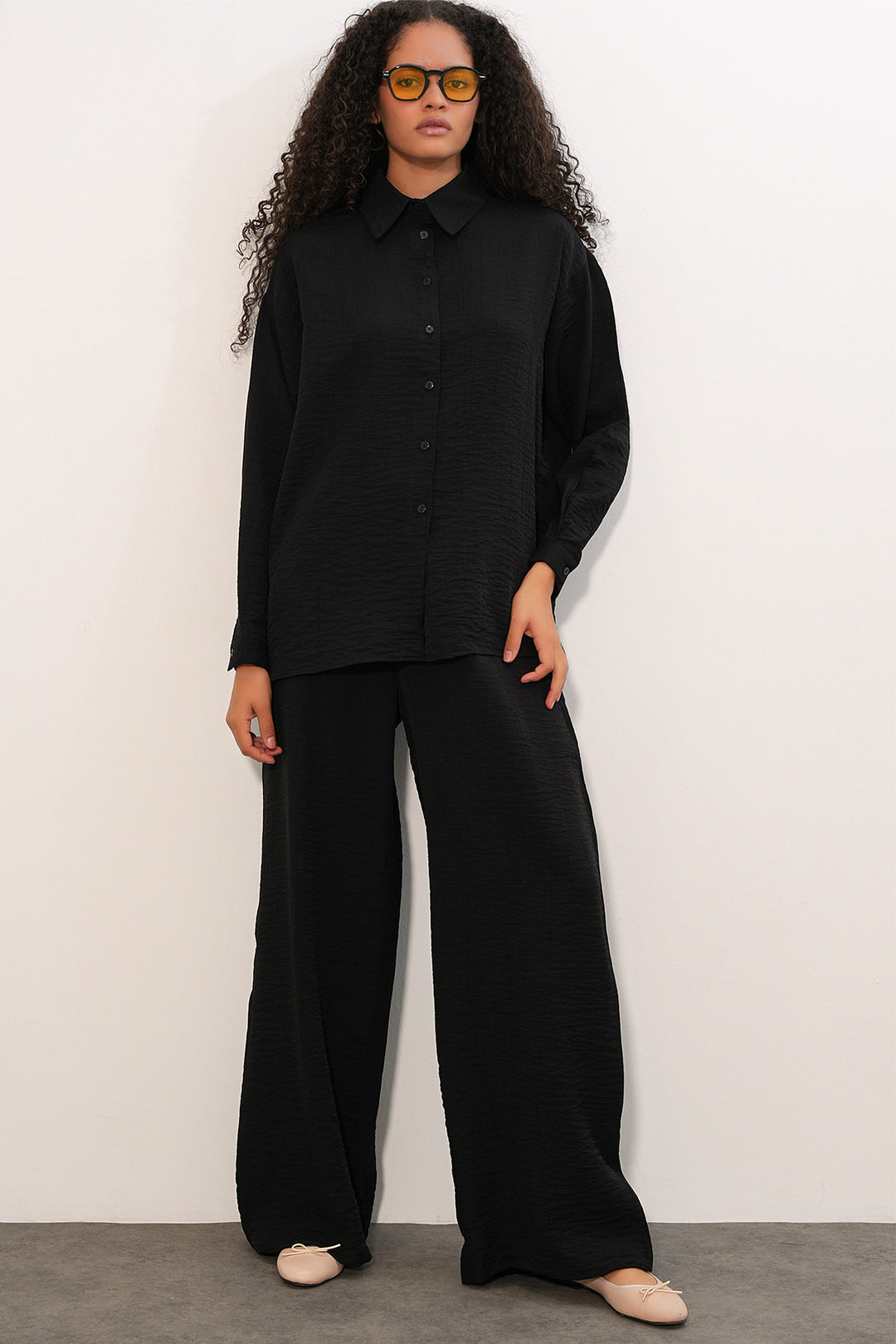 Bigdart Ensemble de chemise et pantalon texturé pour femme 6710 - Noir