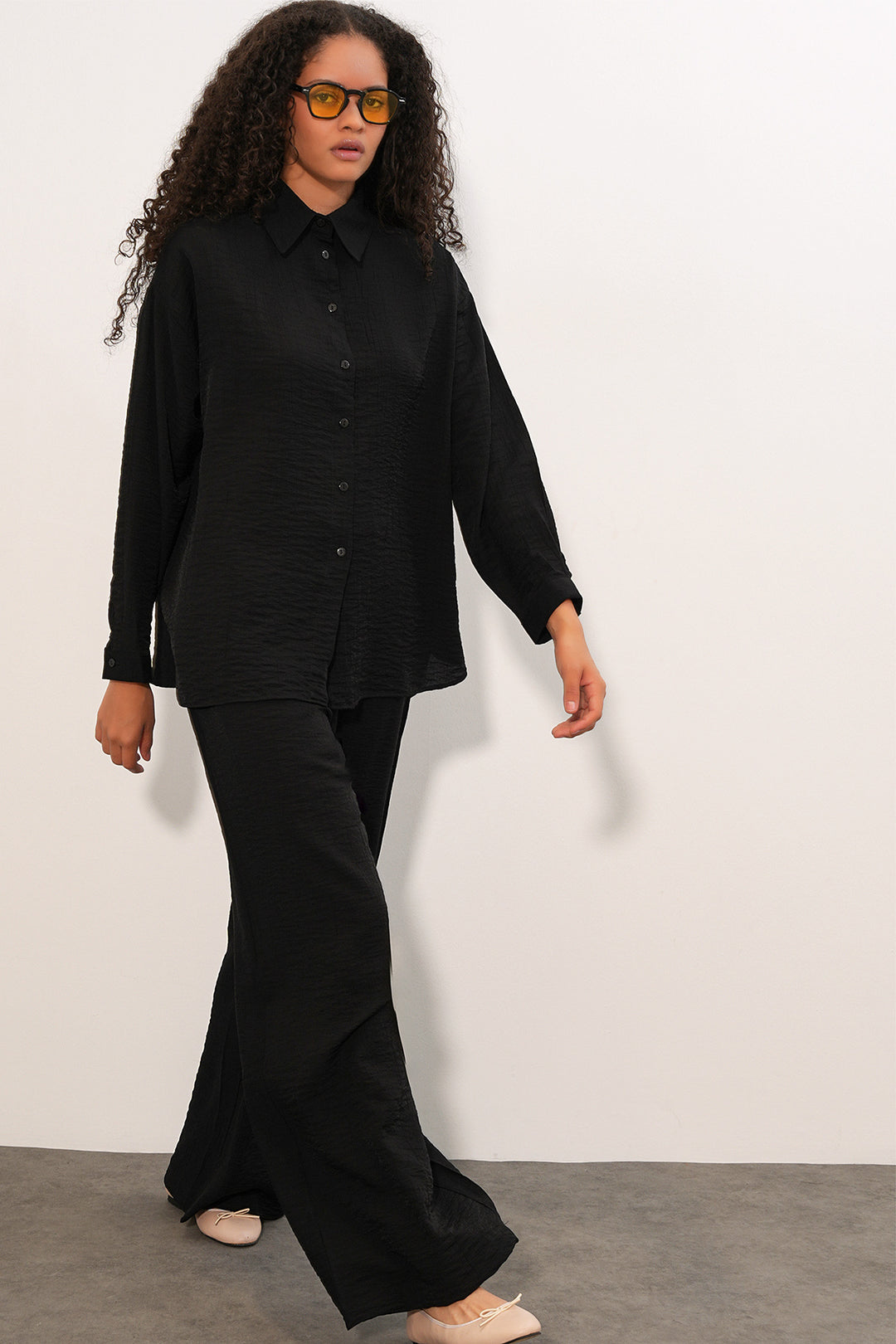 Bigdart Ensemble de chemise et pantalon texturé pour femme 6710 - Noir
