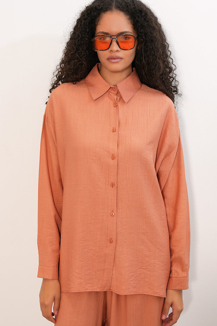 Bigdart Ensemble chemise et pantalon texturé pour femme 6710 - Saumon