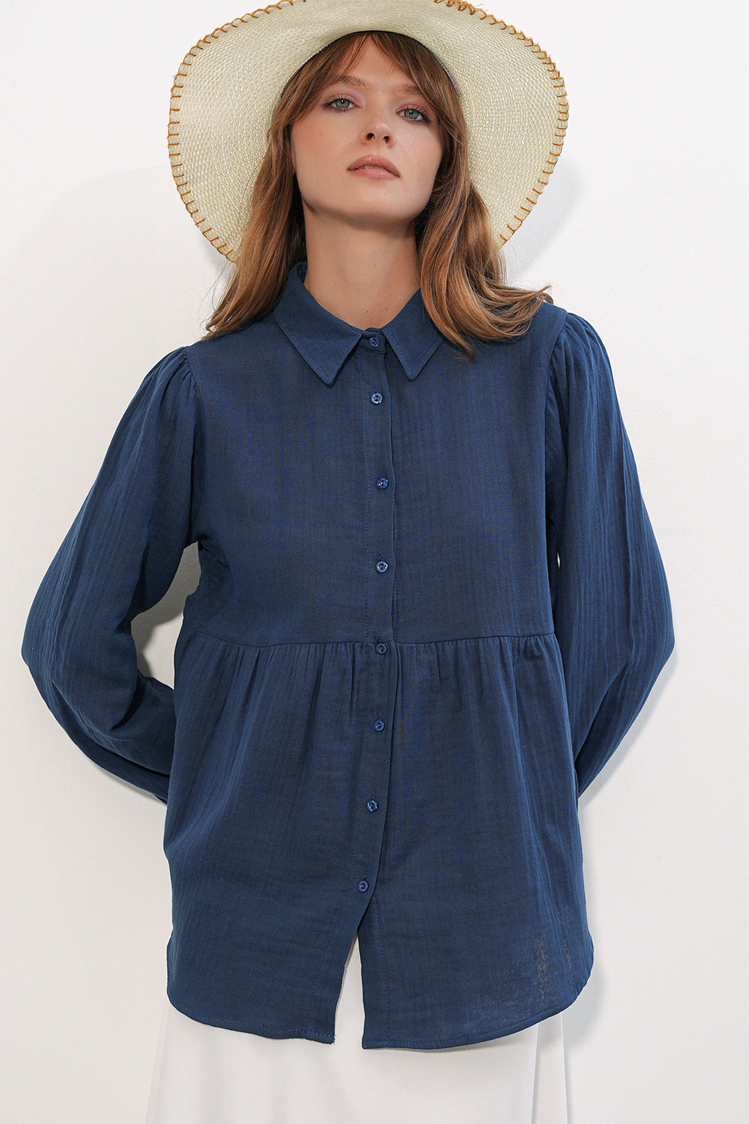 Bigdart Chemise en lin oversize texturé pour femme 20381 - Bleu marine