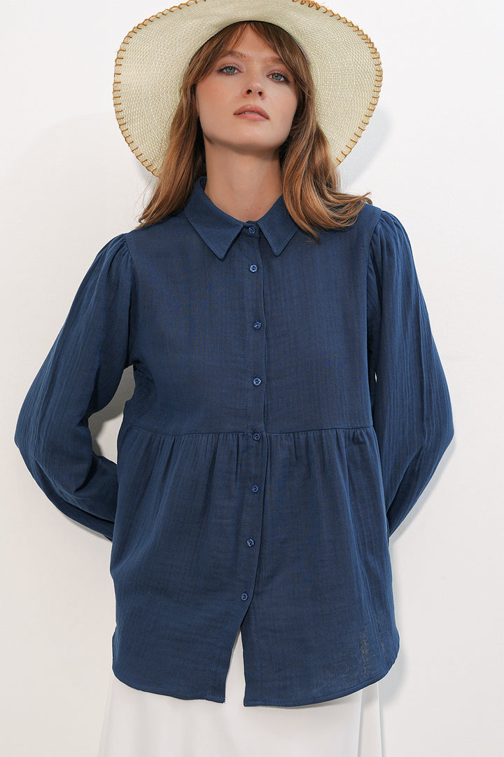 Bigdart Chemise en lin oversize texturé pour femme 20381 - Bleu marine