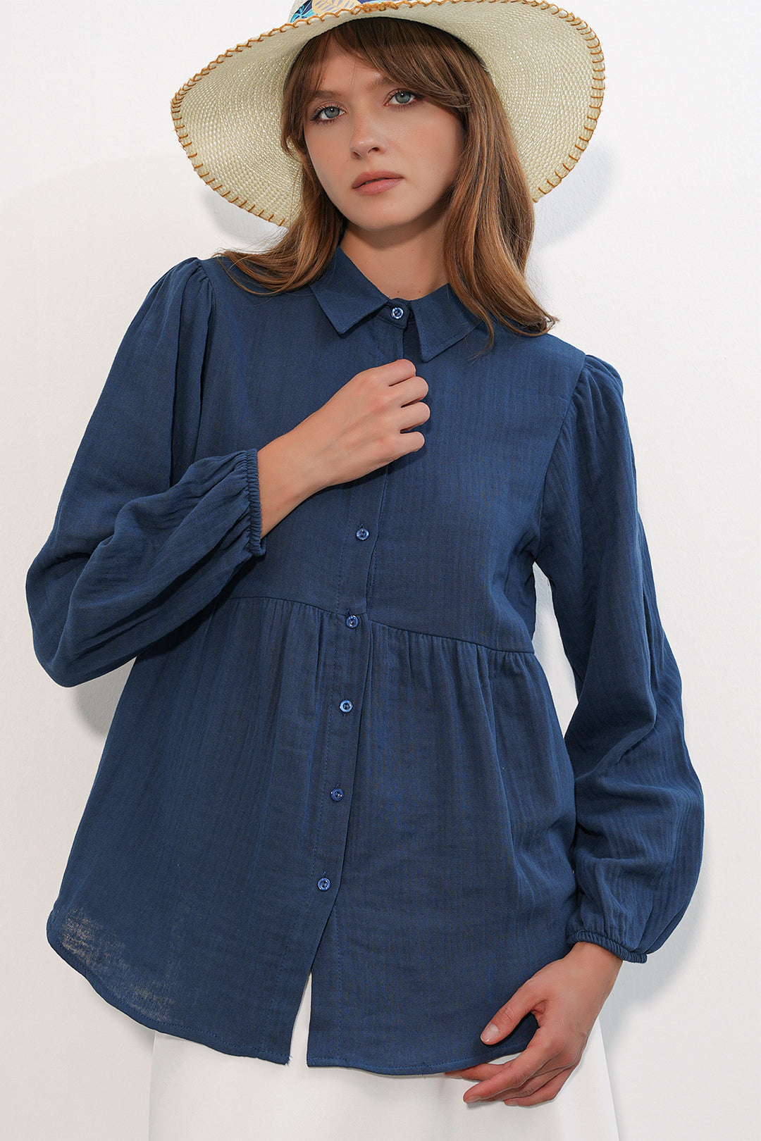 Bigdart Chemise en lin oversize texturé pour femme 20381 - Bleu marine