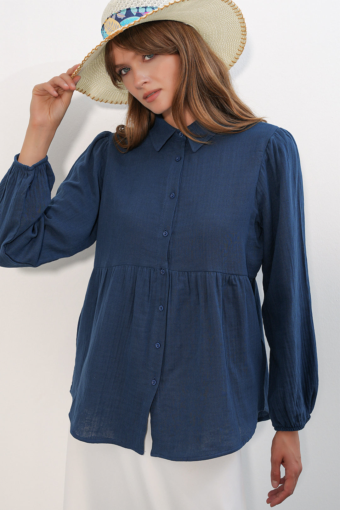 Bigdart Chemise en lin oversize texturé pour femme 20381 - Bleu marine