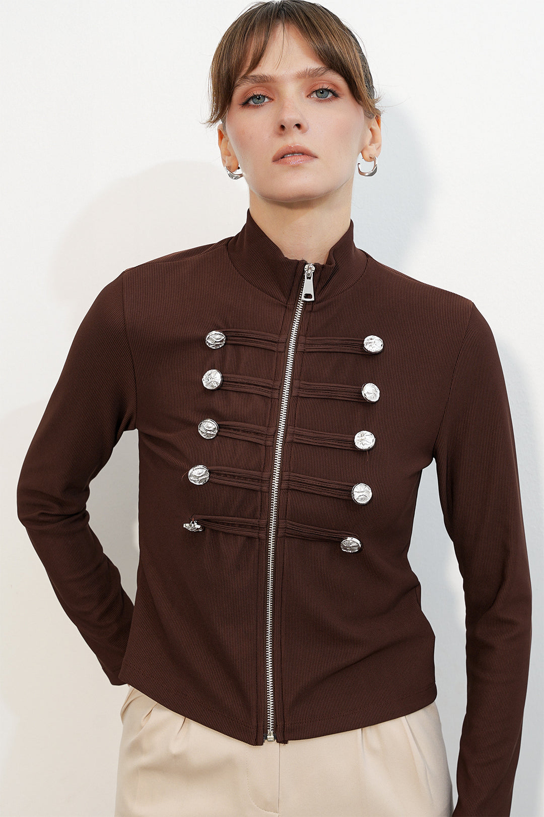 Bigdart Veste Napoléon à détails de boutons pour femme 0776 - Marron