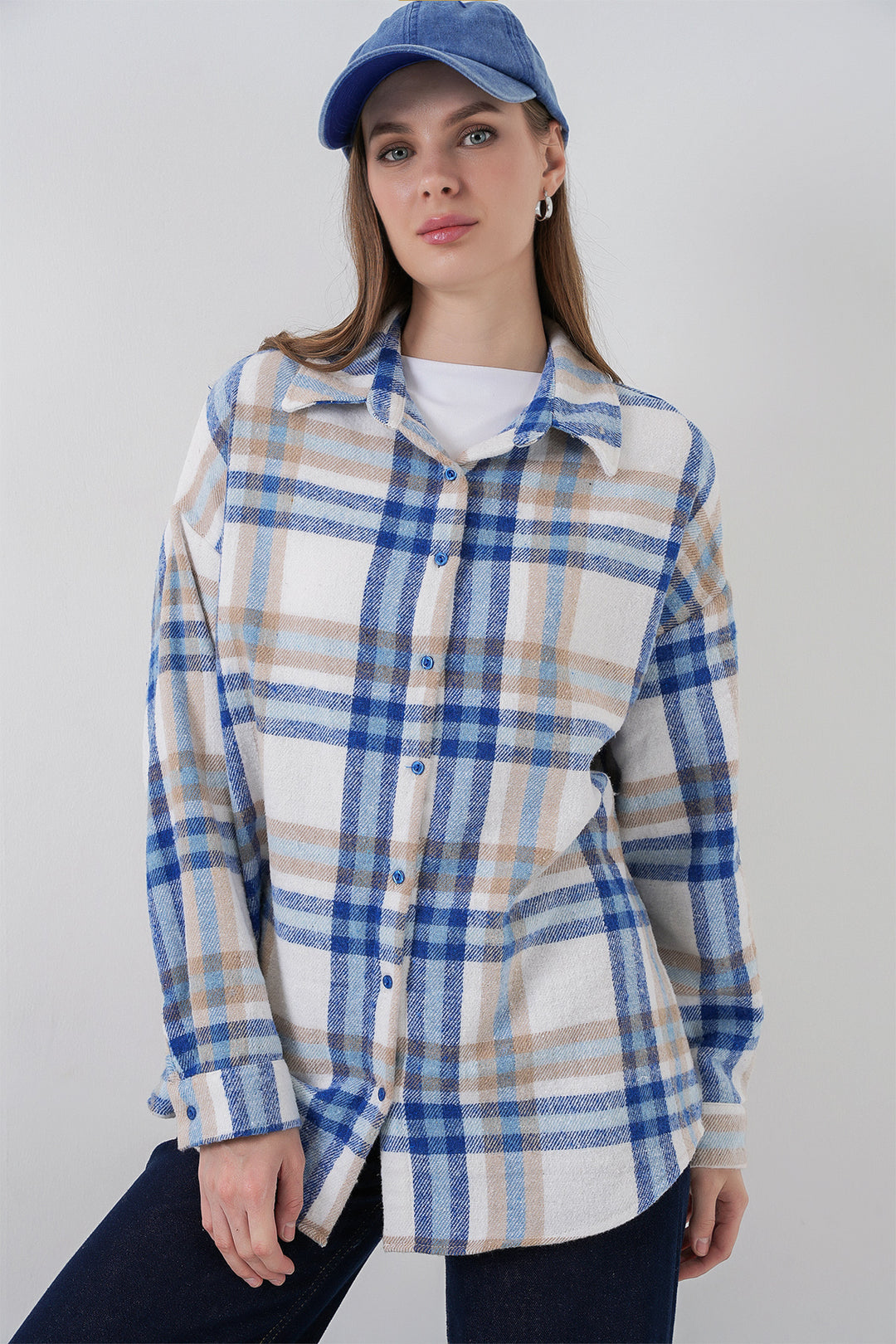 Bigdart Chemisier oversize à carreaux pour femme 3854 A.Ecru - a.Écru