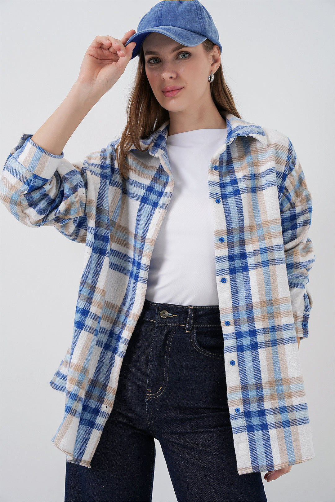 Bigdart Chemisier oversize à carreaux pour femme 3854 A.Ecru - a.Écru