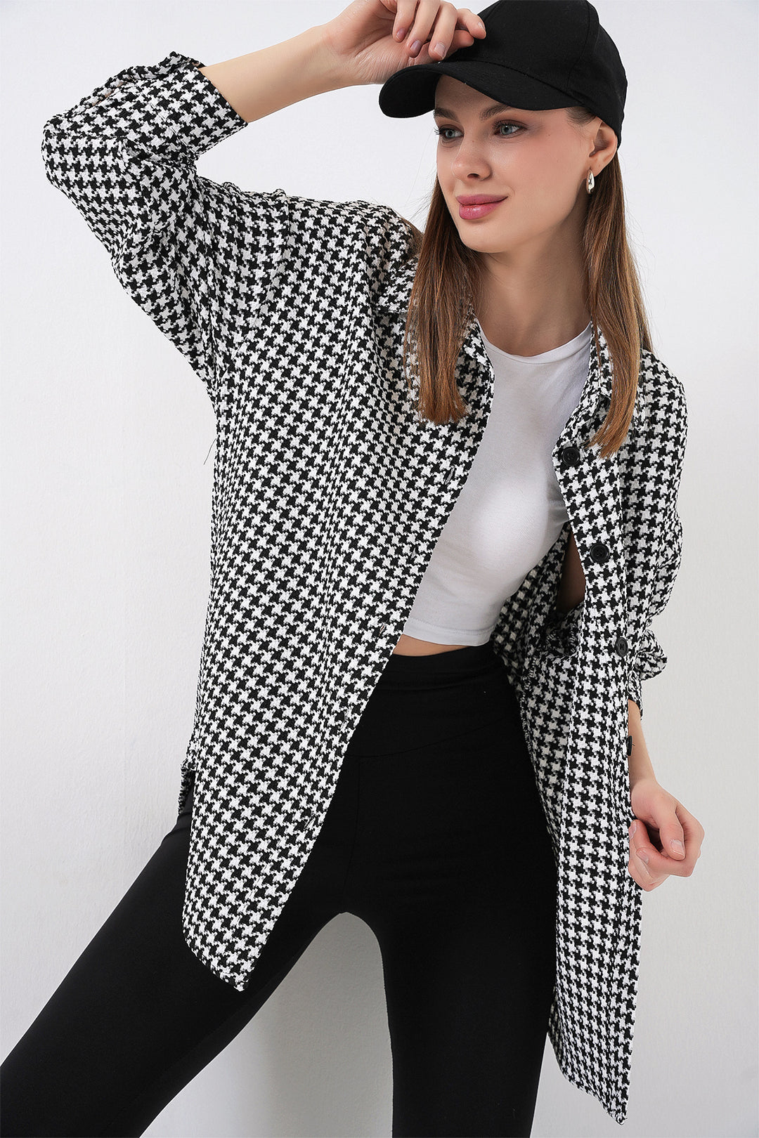 Bigdart Chemise oversize à motif pied-de-poule pour femme 3854 - Noir - Blanc