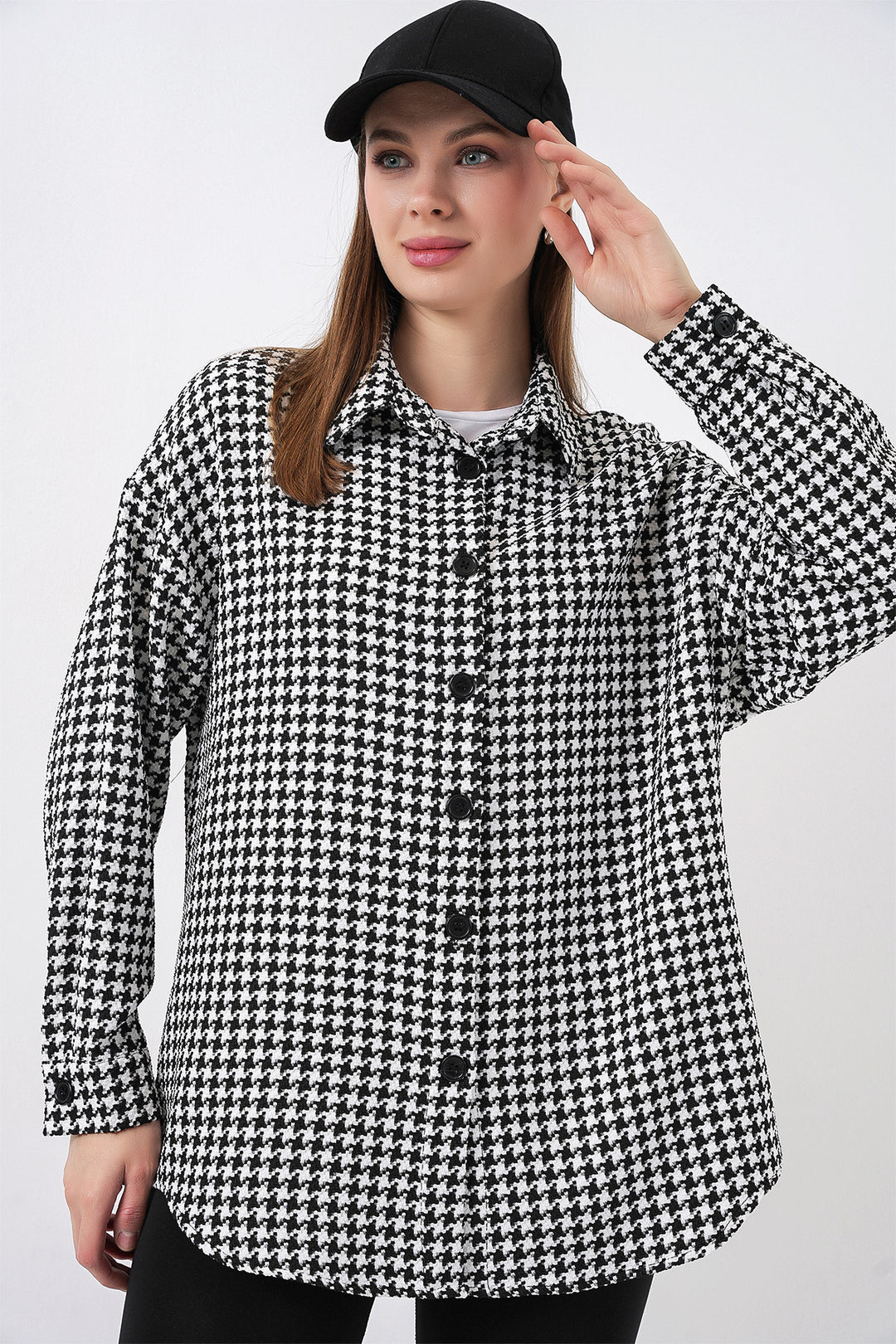 Bigdart Chemise oversize à motif pied-de-poule pour femme 3854 - Noir - Blanc