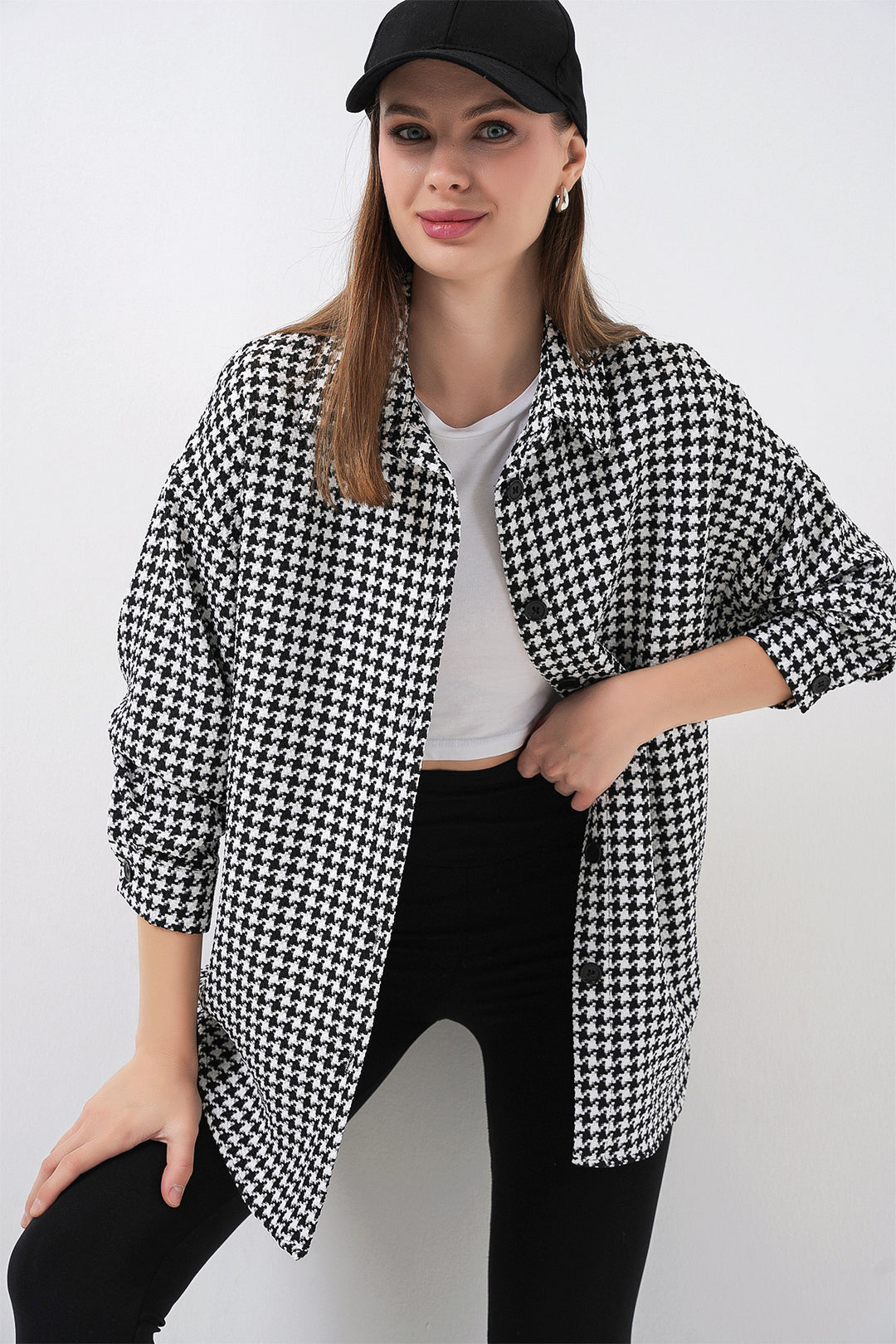 Bigdart Chemise oversize à motif pied-de-poule pour femme 3854 - Noir - Blanc