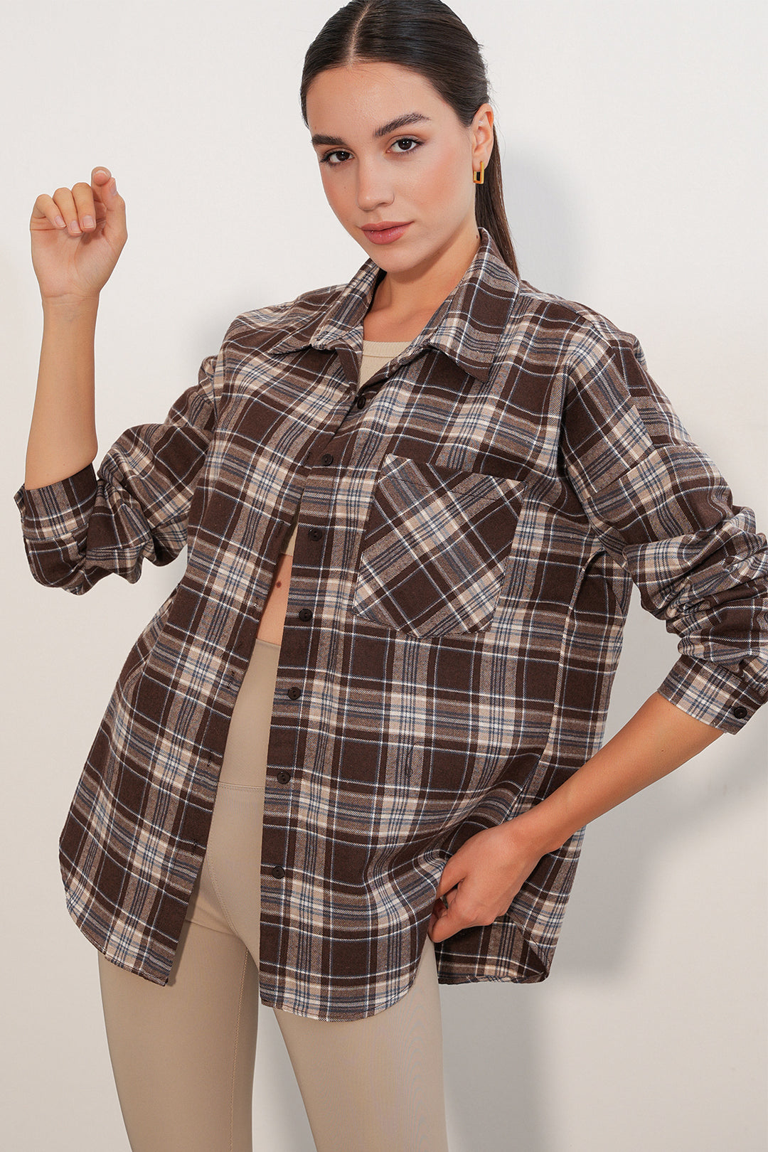 Bigdart Chemise oversize à carreaux pour femme 3854 Beige - Vison