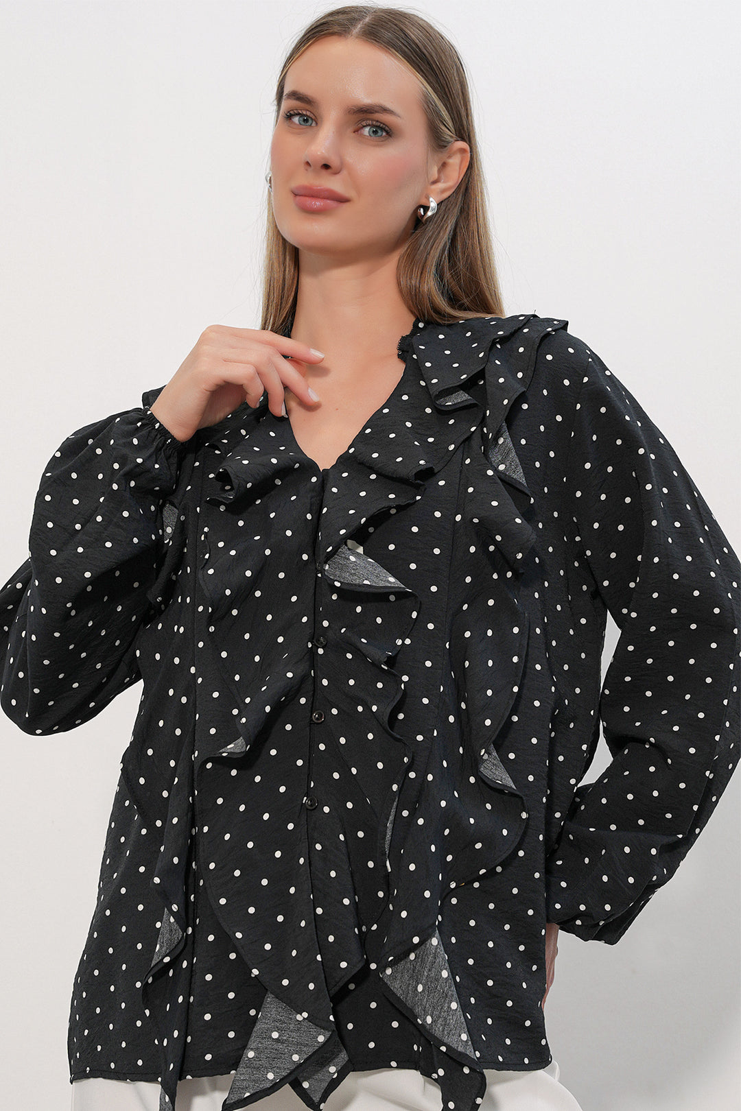 Bigdart Chemise à pois à longues manches avec volants femme 40031 - a.Noir