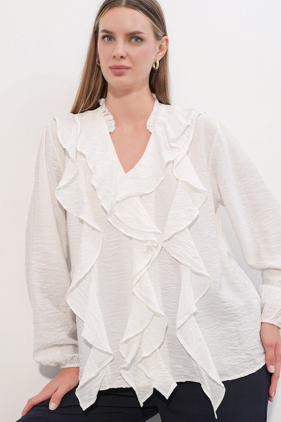 Bigdart Chemise à longues manches avec volants femme 40031 - Blanc