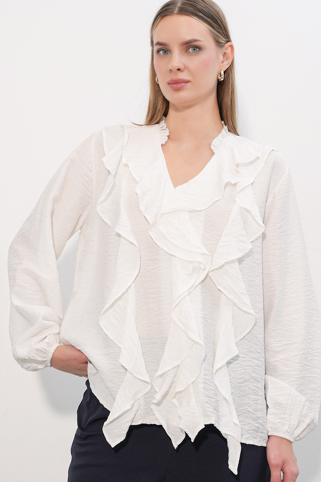 Bigdart Chemise à longues manches avec volants femme 40031 - Blanc