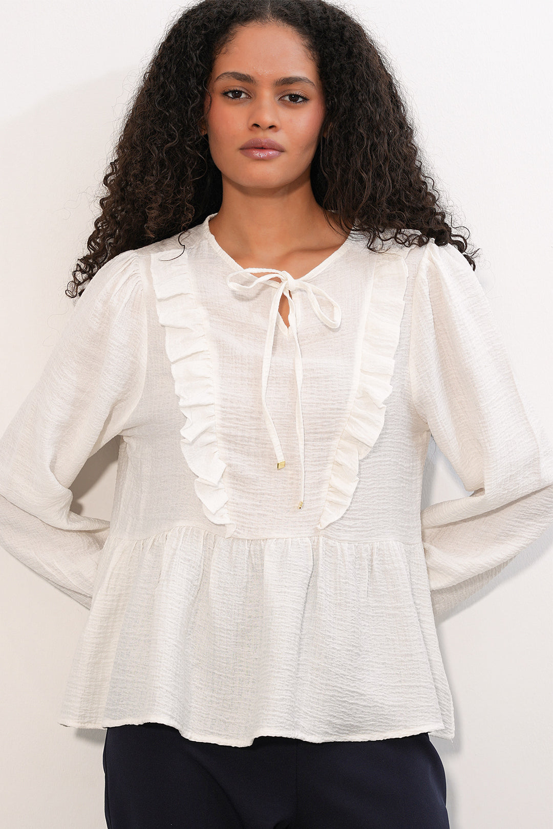 Bigdart Blouse à lacets et volants pour femme 999 - Blanc