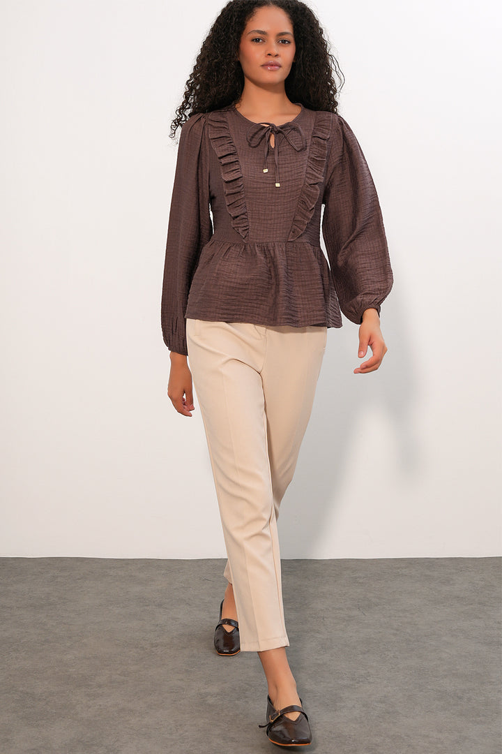 Bigdart Blouse à lacets et volants 999 pour femme - Marron