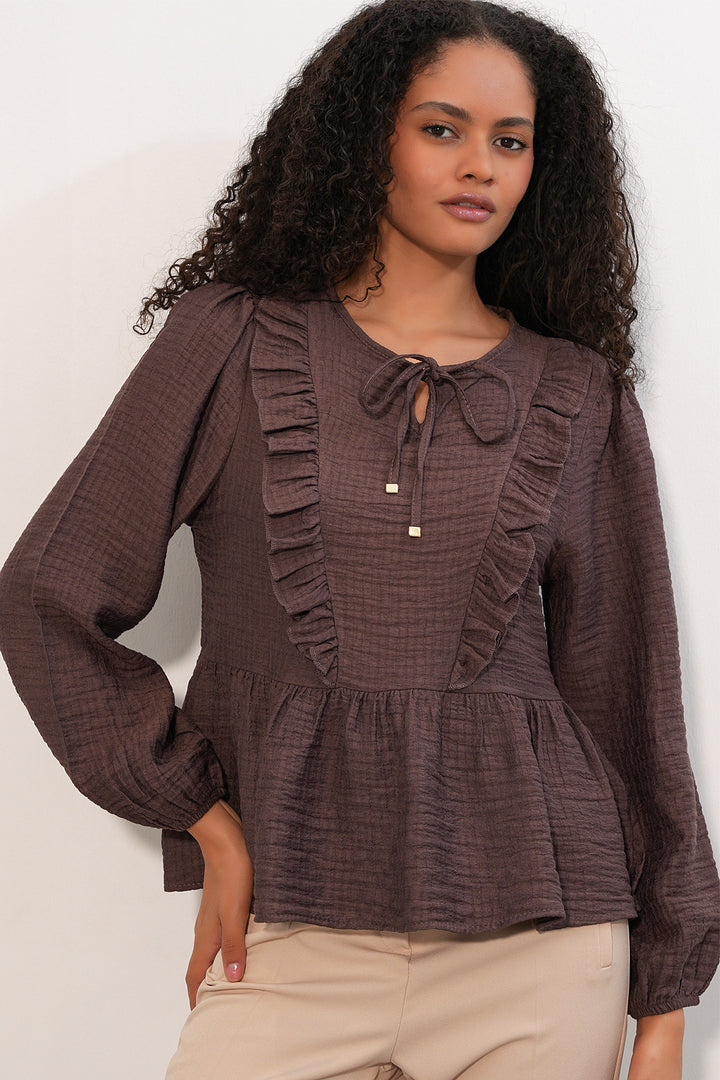 Bigdart Blouse à lacets et volants 999 pour femme - Marron