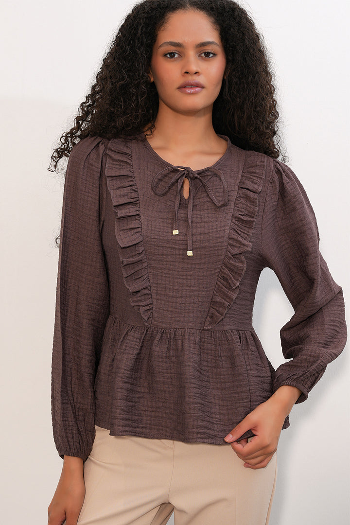 Bigdart Blouse à lacets et volants 999 pour femme - Marron