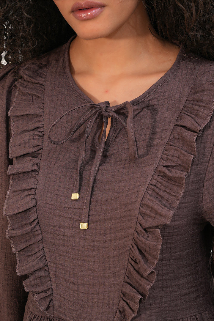 Bigdart Blouse à lacets et volants 999 pour femme - Marron