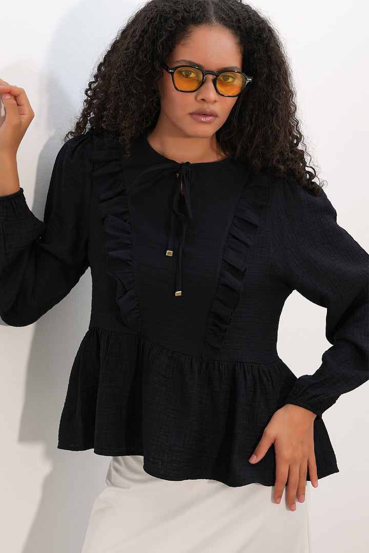 Bigdart Blouse à lacets et volants pour femme 999 - Noir