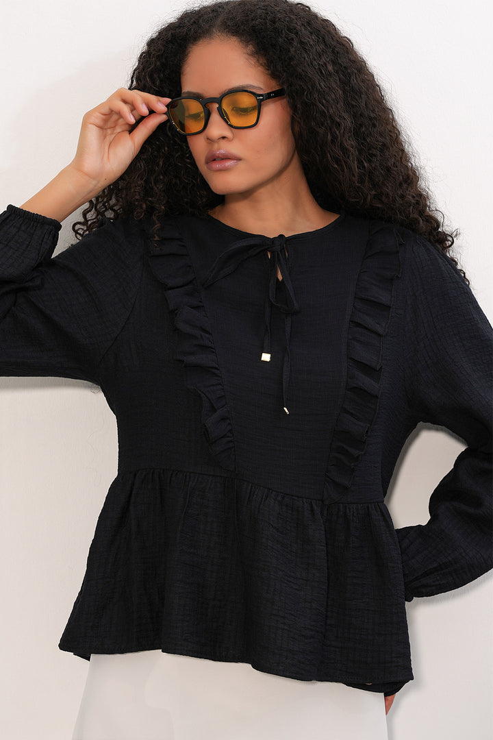 Bigdart Blouse à lacets et volants pour femme 999 - Noir